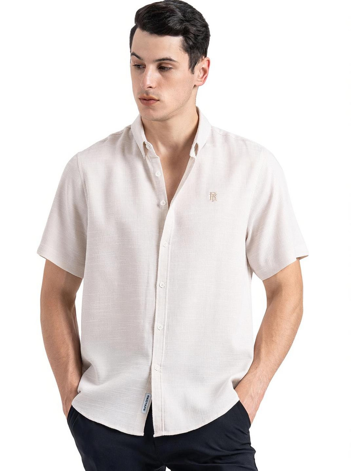 Image of RED TAPE Men Self Design Casual Beige Shirt