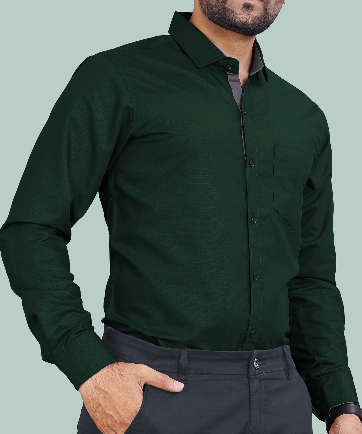 Image of VAAADDO Men Solid Casual Dark Green Shirt