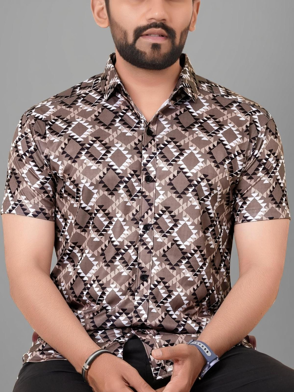 Image of Voroxy Men Printed Casual Brown Shirt