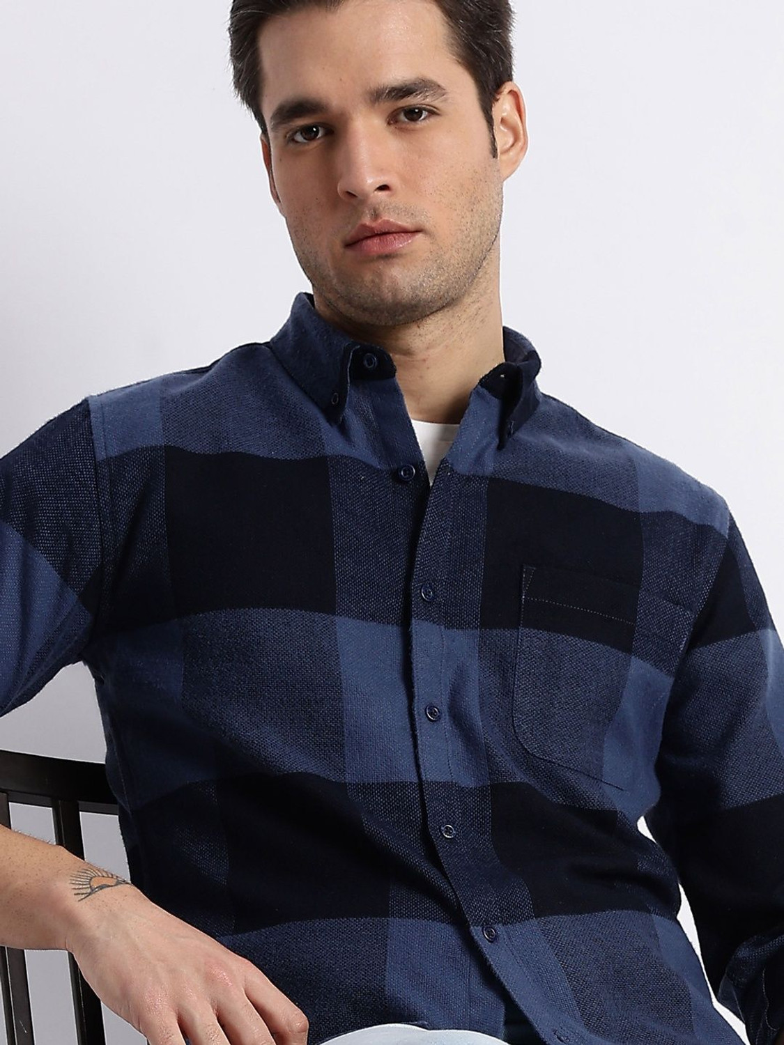 Image of HERE&NOW Men Checkered Casual Blue Shirt