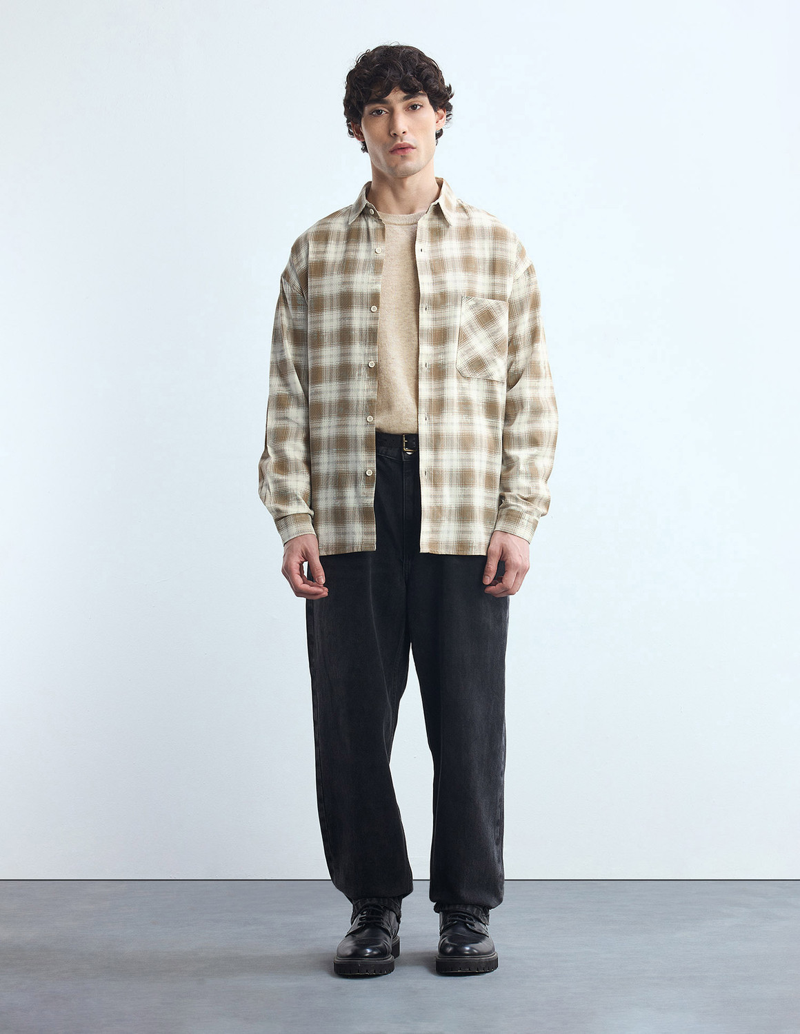Image of FLYING MACHINE Men Checkered Casual Brown, White Shirt