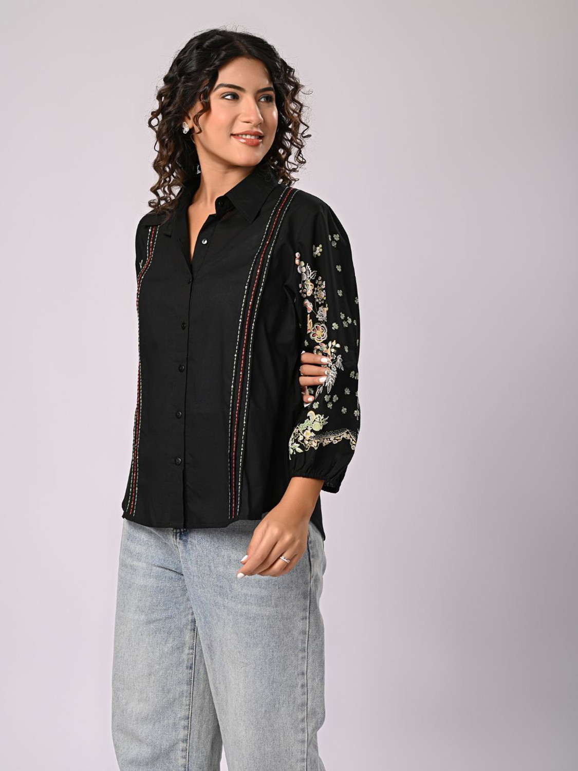 Image of Zolo Label Women Solid, Floral Print, Embroidered Casual Black Shirt