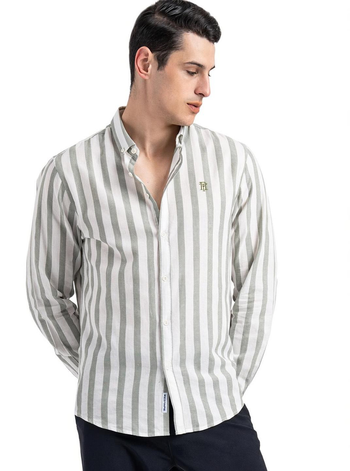 Image of RED TAPE Men Striped Casual Green Shirt