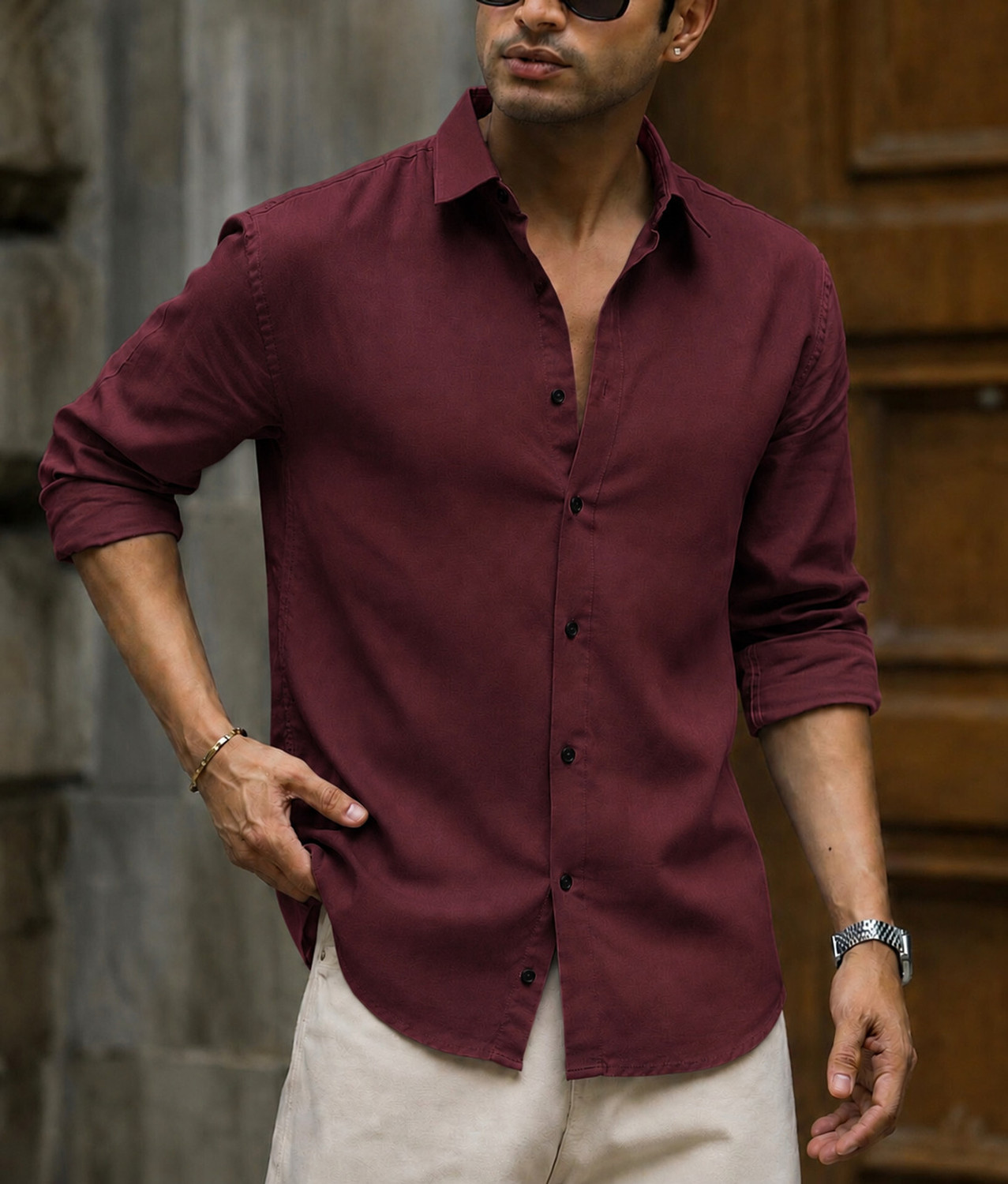 Image of Troonpair Men Solid Casual Maroon Shirt