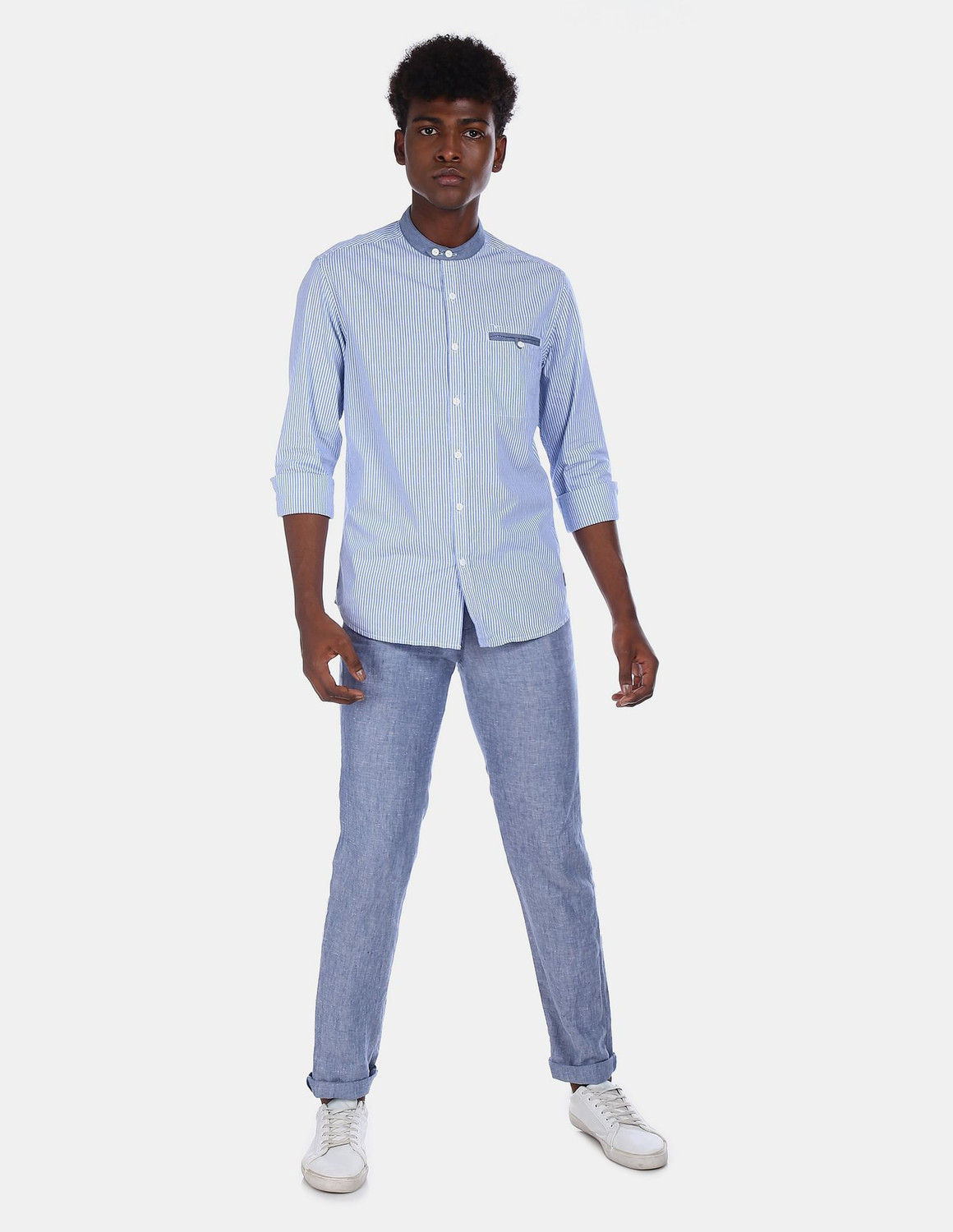 Image of FLYING MACHINE Men Striped Casual White, Blue Shirt