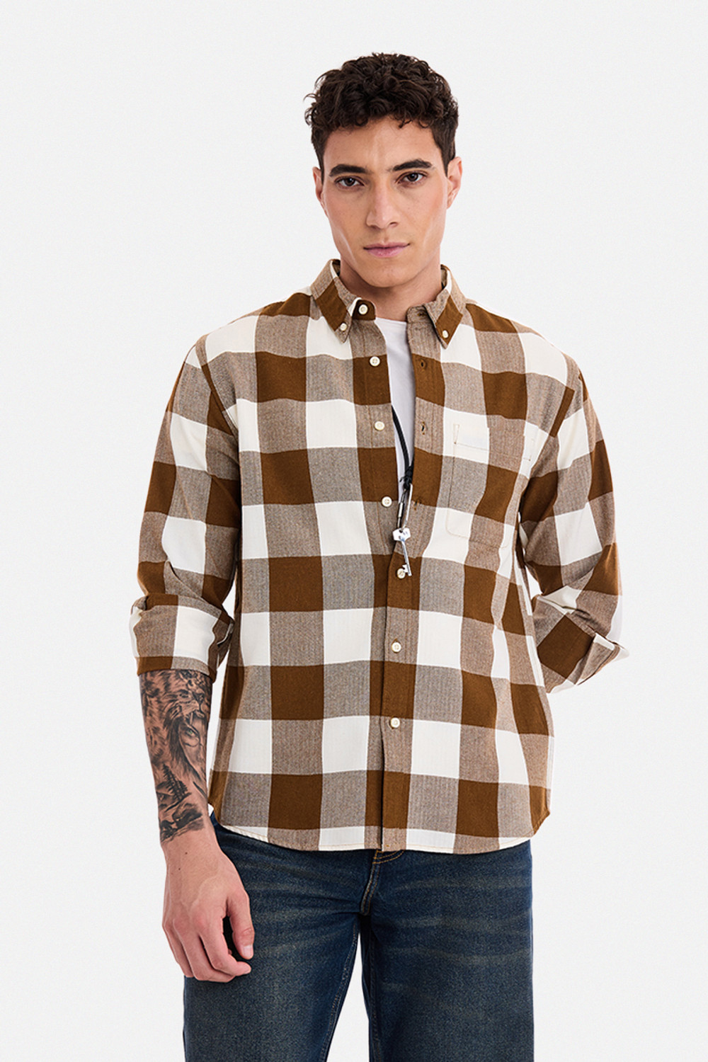 Image of Snitch Men Checkered Casual Brown Shirt