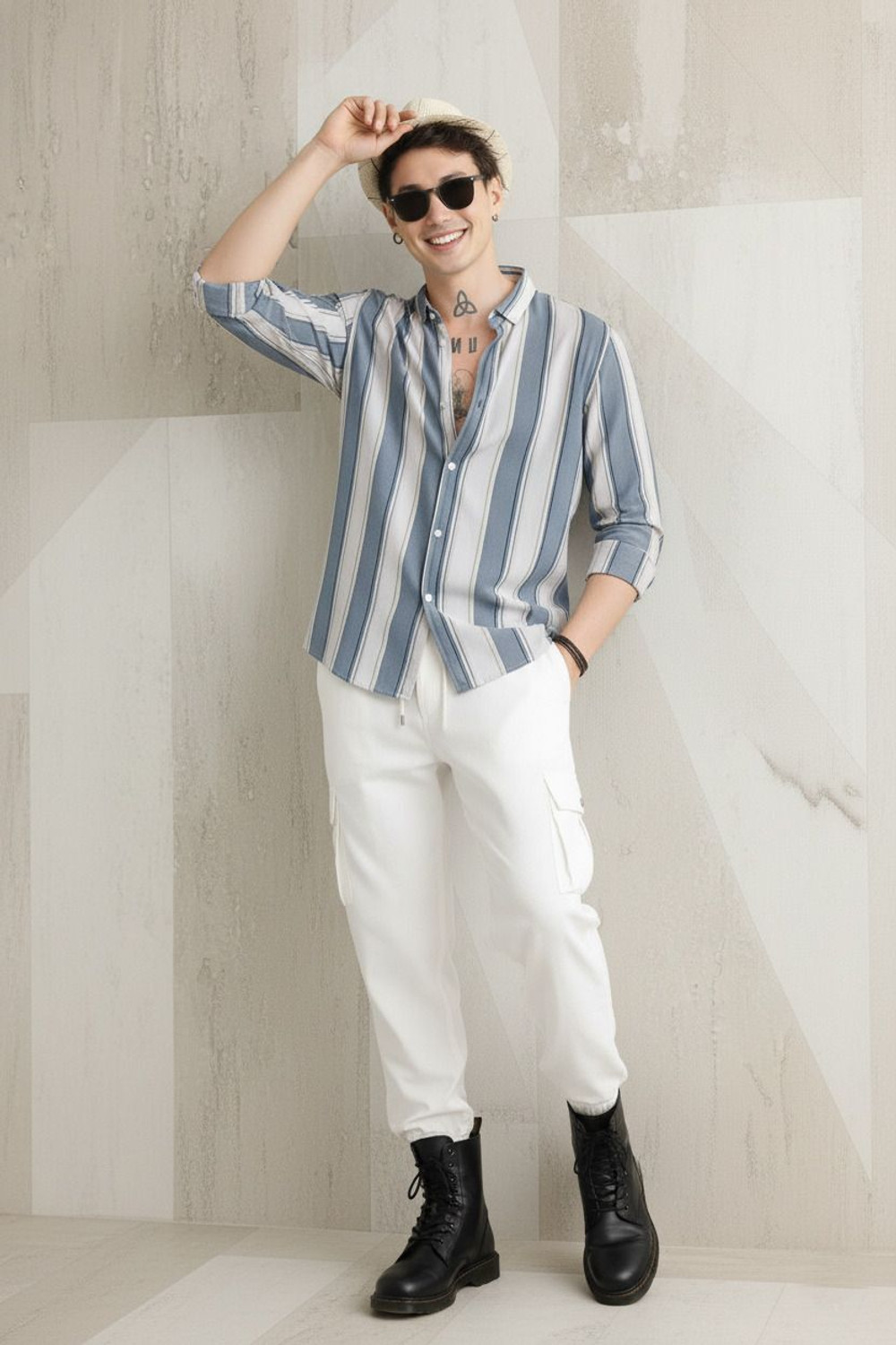 Image of DJFOX Men Striped Casual Light Blue Shirt