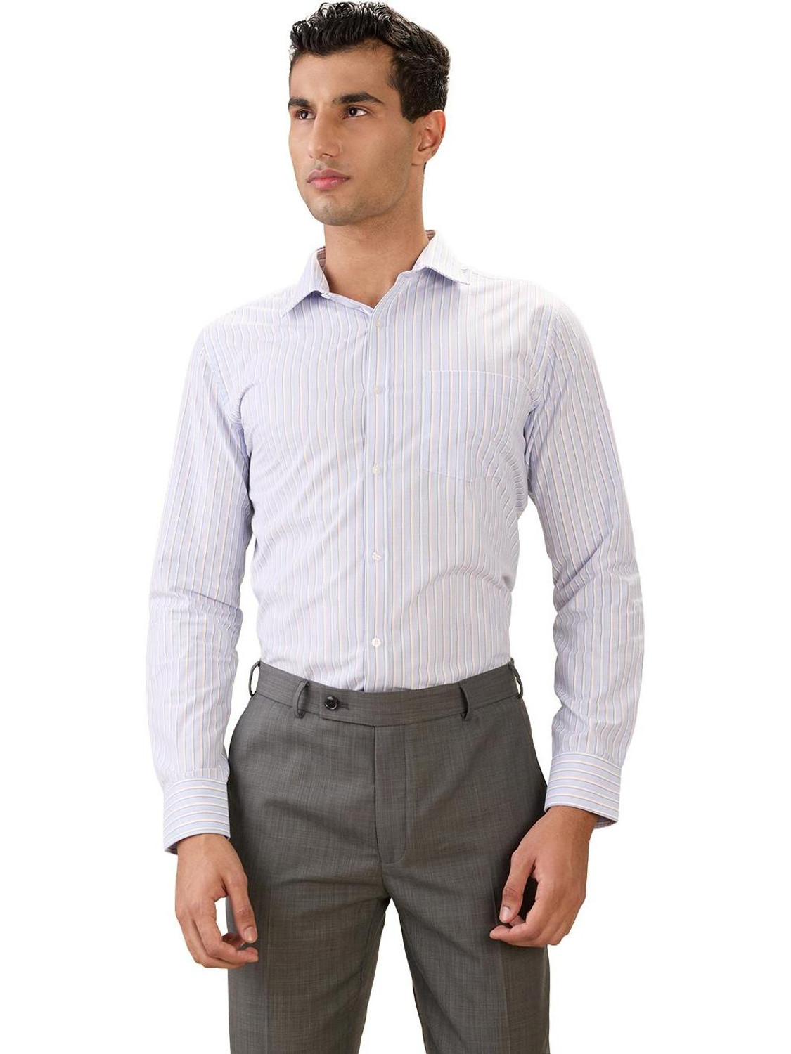 Image of PARK AVENUE Men Striped Formal Light Blue Shirt