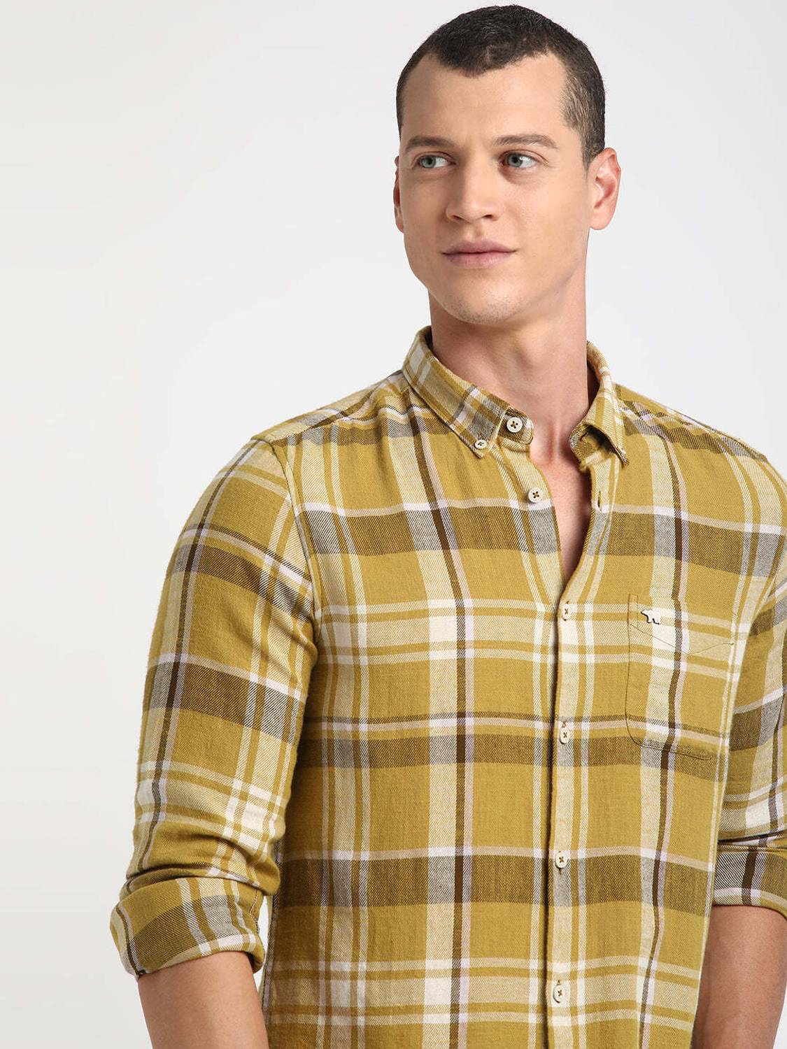 THE BEAR HOUSE Men Checkered Casual Yellow Shirt