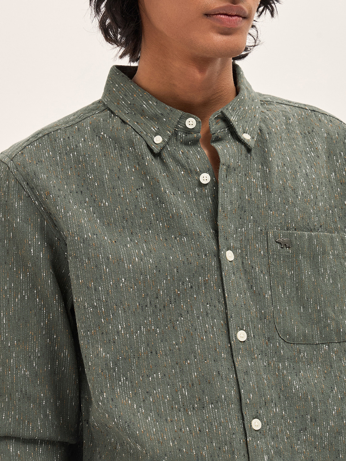 Image of THE BEAR HOUSE Men Self Design Casual Green Shirt