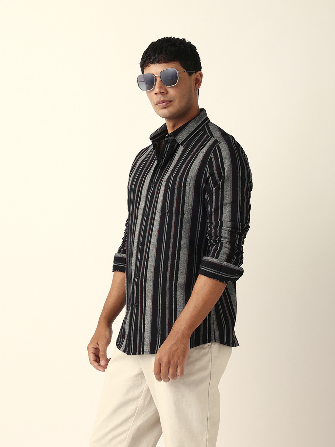 Image of THE BEAR HOUSE Men Striped Casual Black Shirt