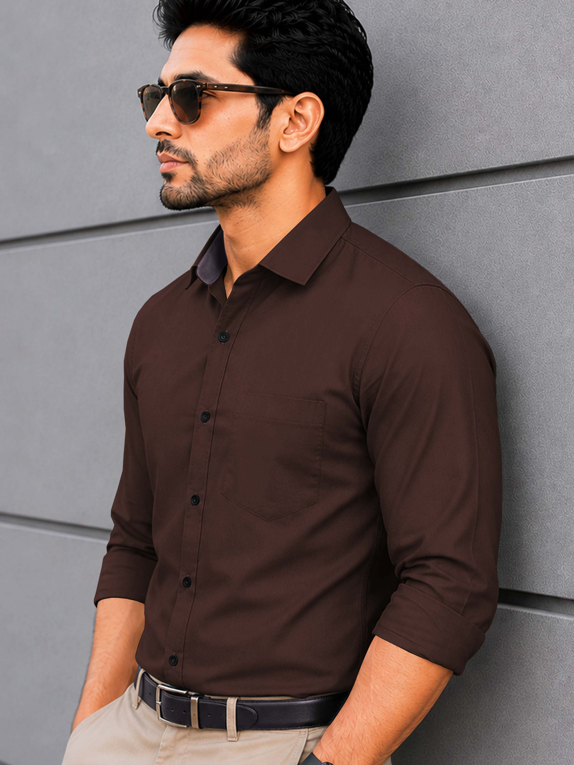 Image of VeBNoR Men Solid Casual Brown Shirt