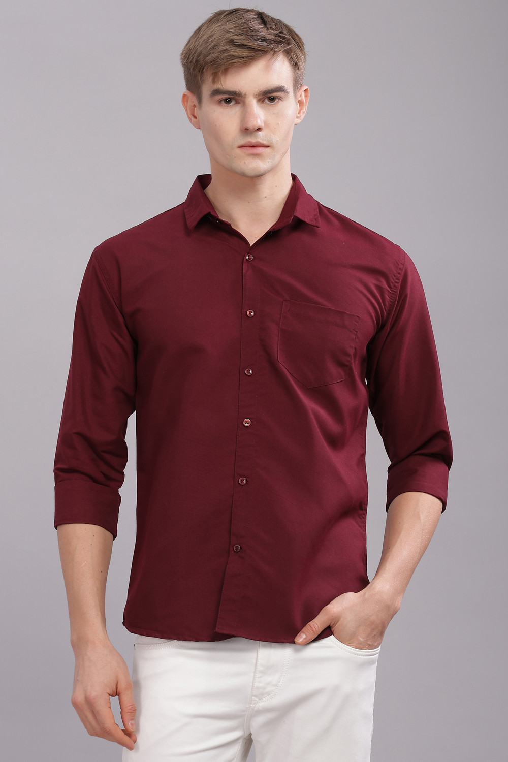 Image of Uzmax Men Solid Casual Maroon Shirt