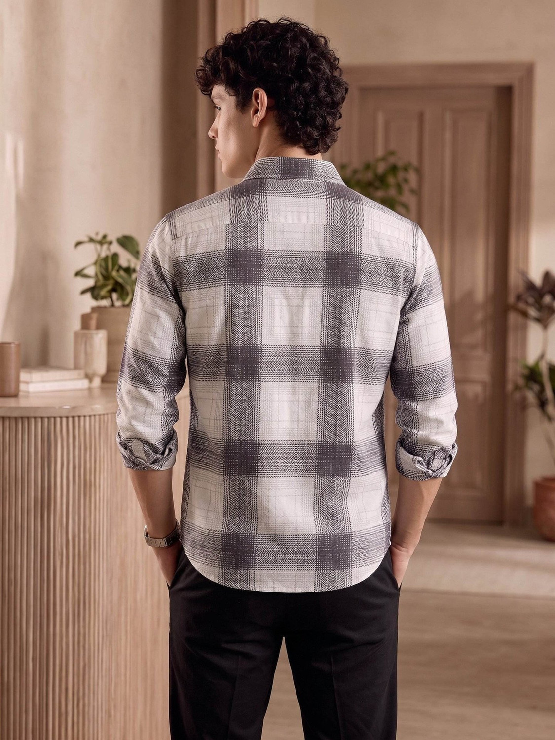 Image of Solbiza Men Checkered Casual White, Black Shirt