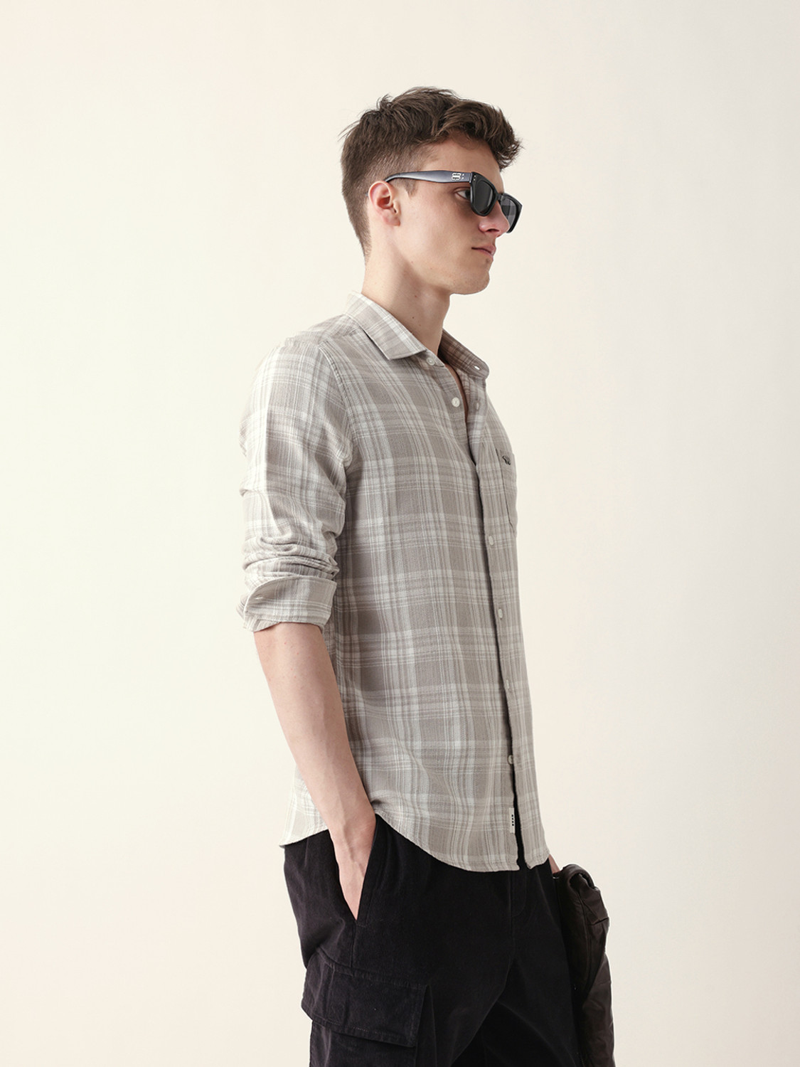 Image of THE BEAR HOUSE Men Checkered Casual Beige Shirt