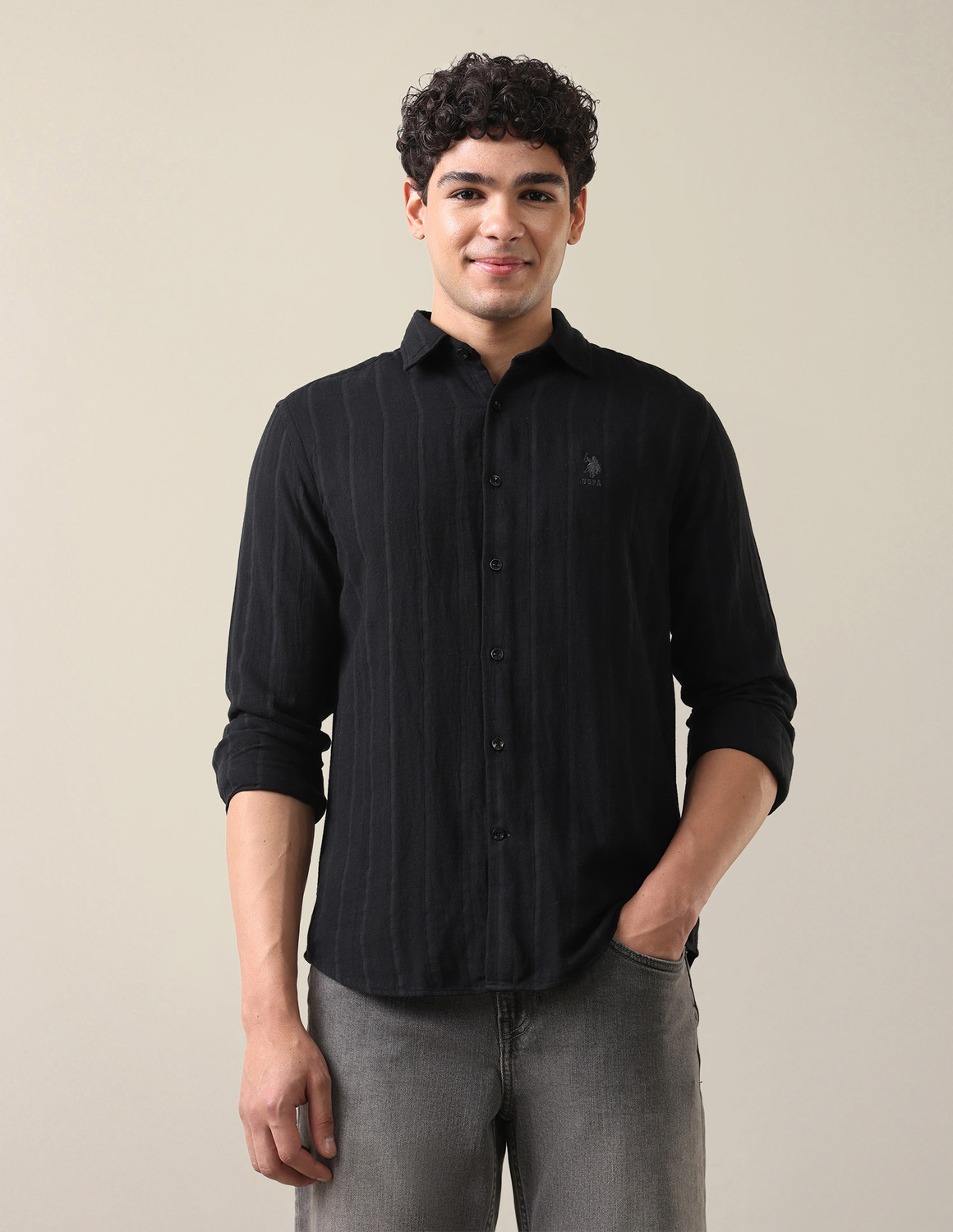 Image of U.S. Polo Assn. Denim Co. Men Regular Fit Self Design Spread Collar Casual Shirt