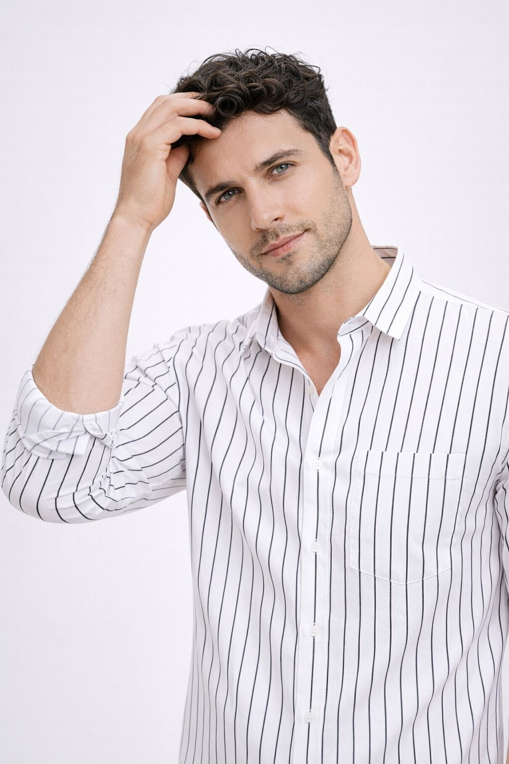 Image of CAMBREEN Men Striped Casual White Shirt