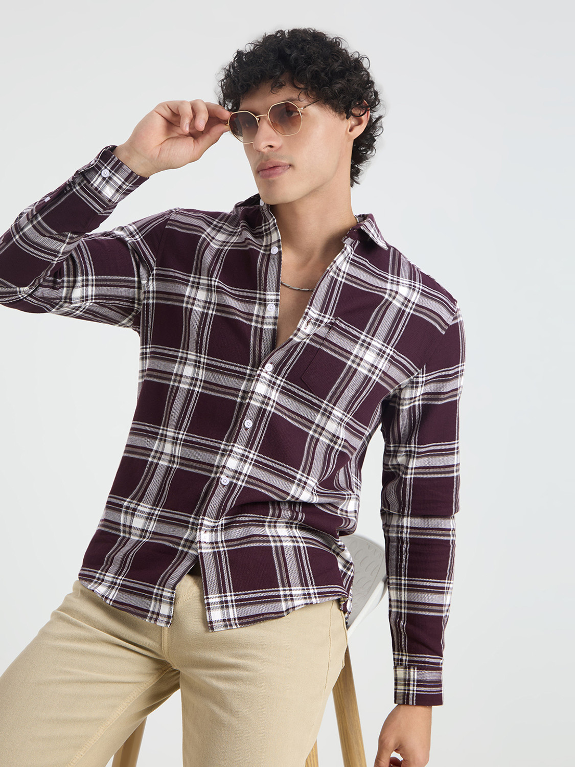 Image of VASTRADO Men Slim Fit Checkered Cut Away Collar Casual Shirt
