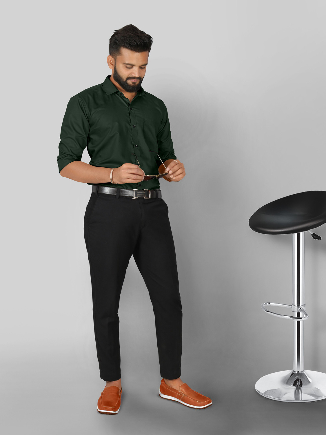Image of FIBERMILL Men Solid Formal Dark Green Shirt
