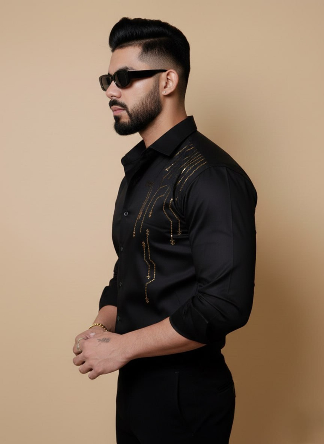 Image of YUVIRA Men Solid, Embellished Party Black Shirt
