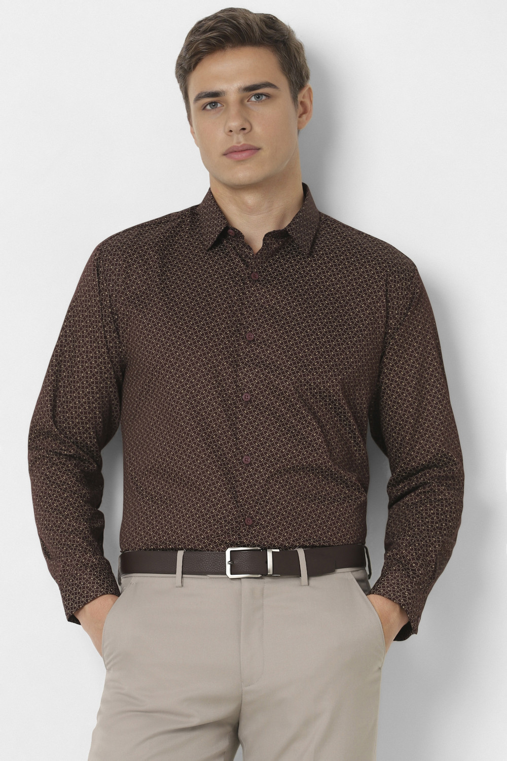 Image of VAN HEUSEN Men Printed Party Brown Shirt