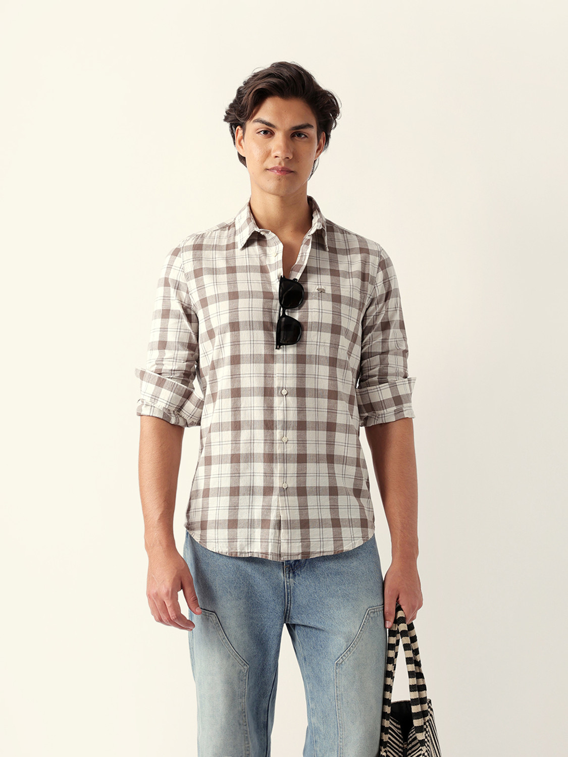 Image of THE BEAR HOUSE Men Checkered Casual Cream Shirt