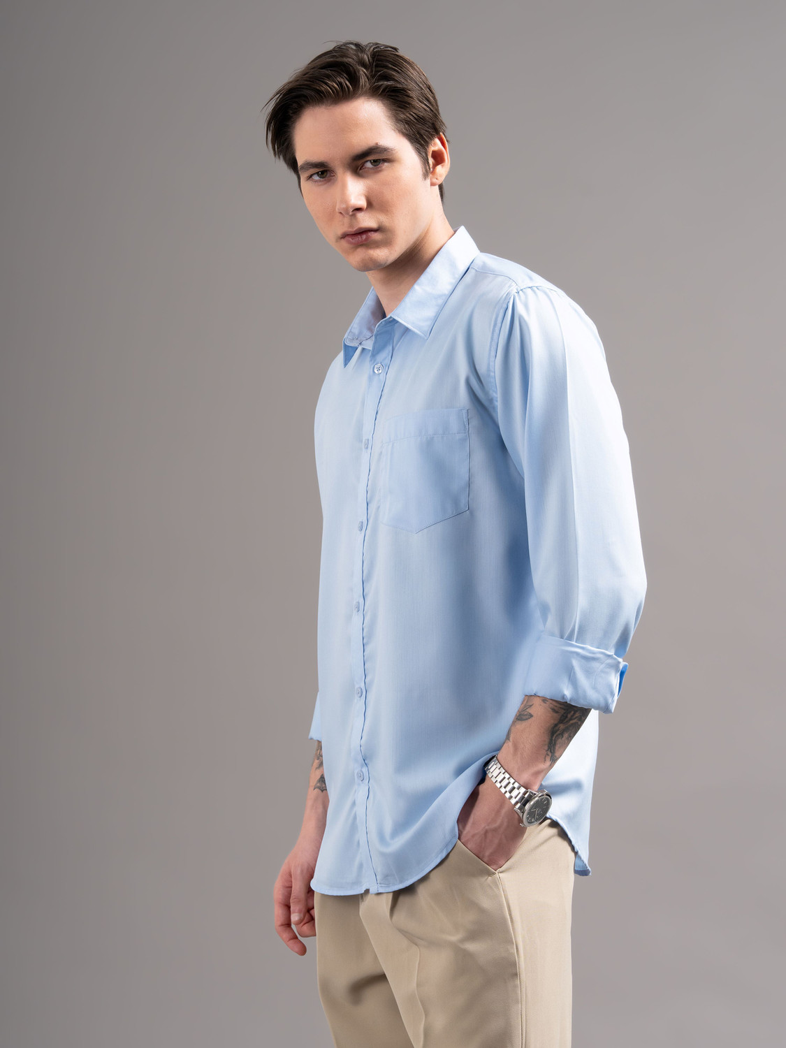 Image of Independence Men Solid Casual Blue Shirt