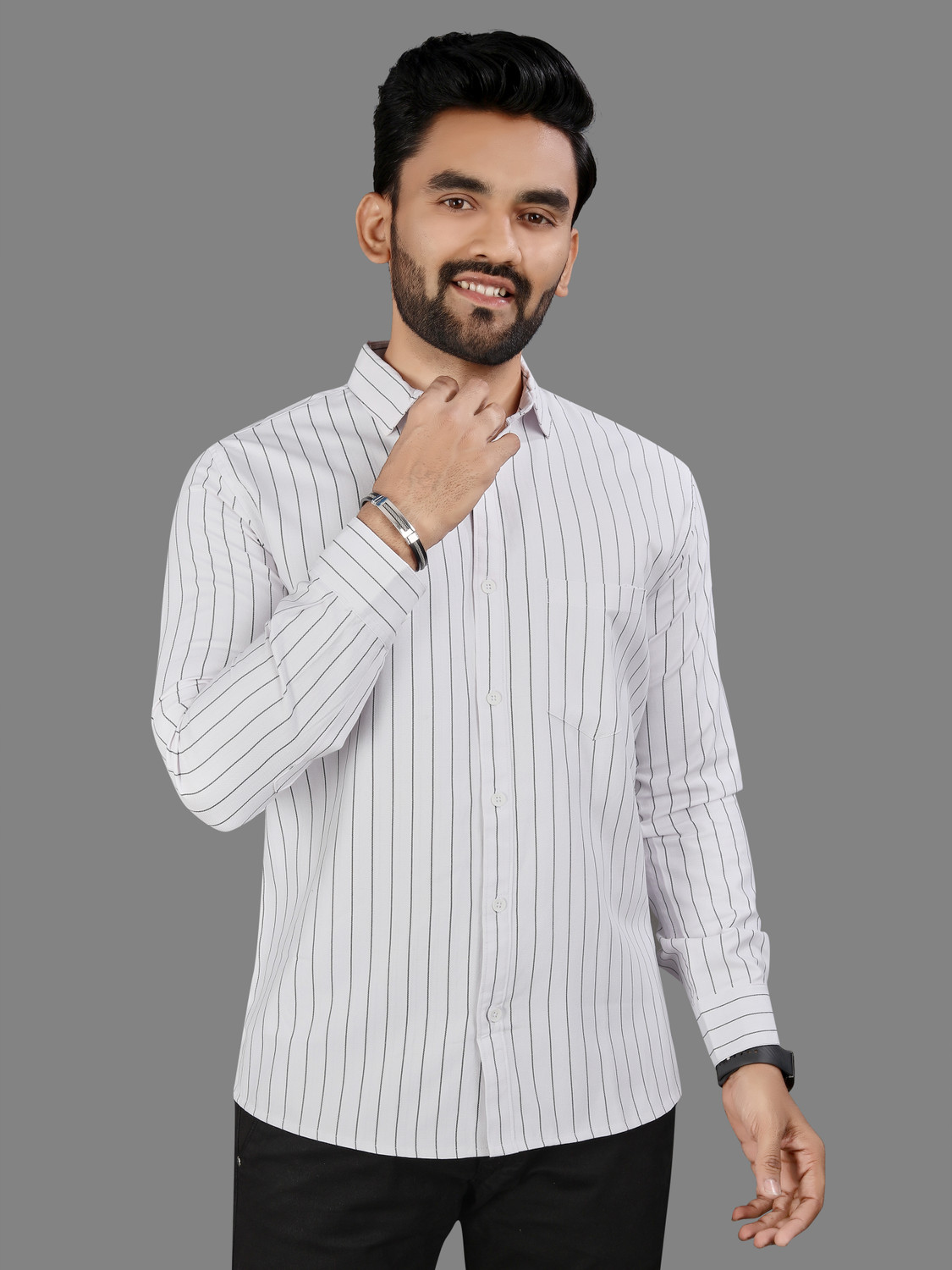 Image of MILDIN Men Striped Formal White Shirt