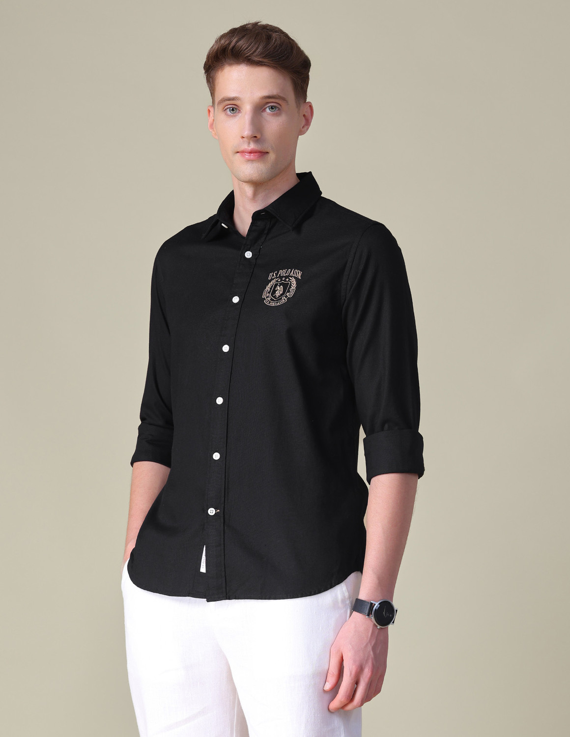Image of U.S. POLO ASSN. Men Tailored Fit Self Design Spread Collar Casual Shirt