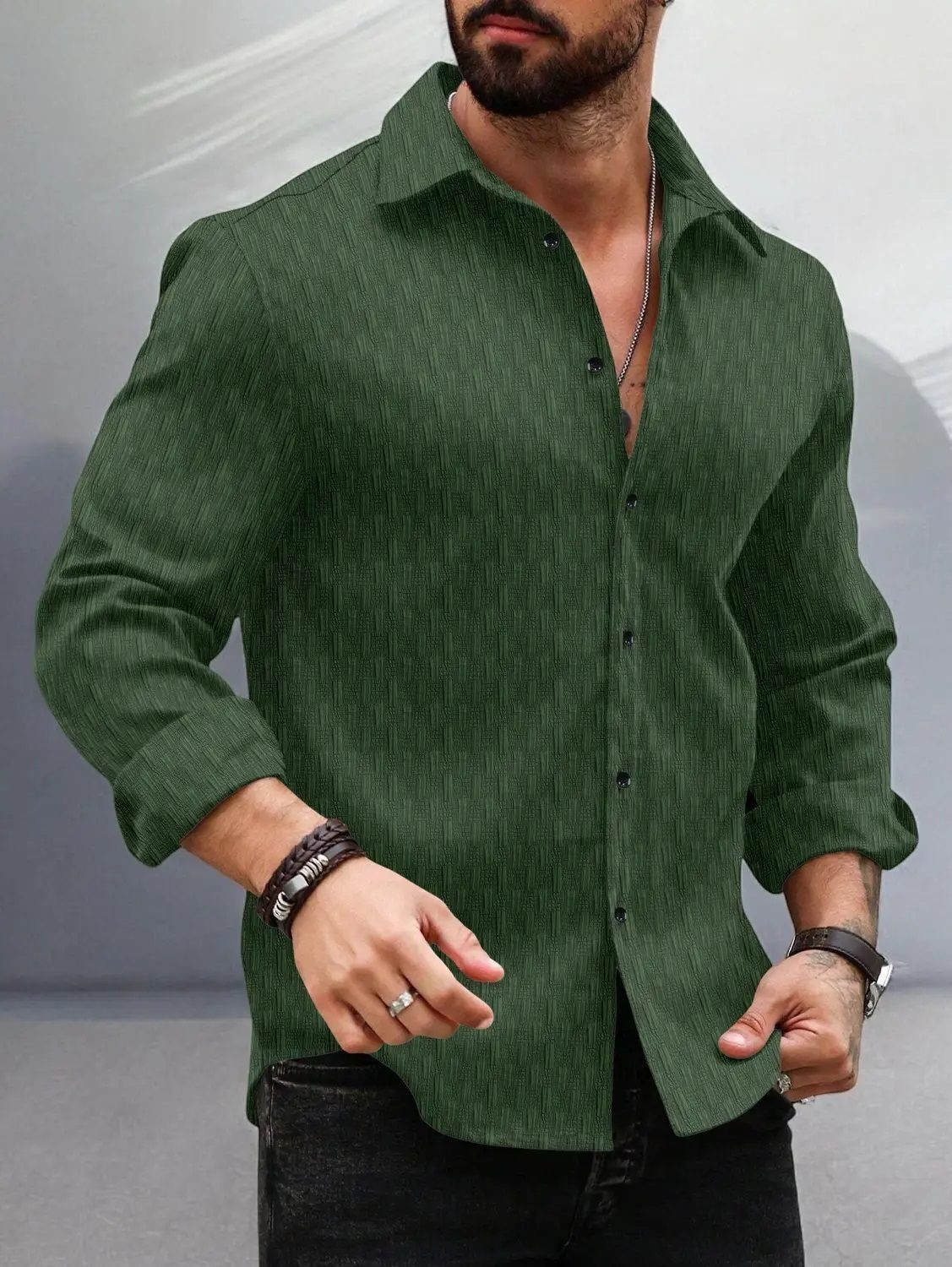 Image of DENEEJA Men Solid Casual Dark Green Shirt