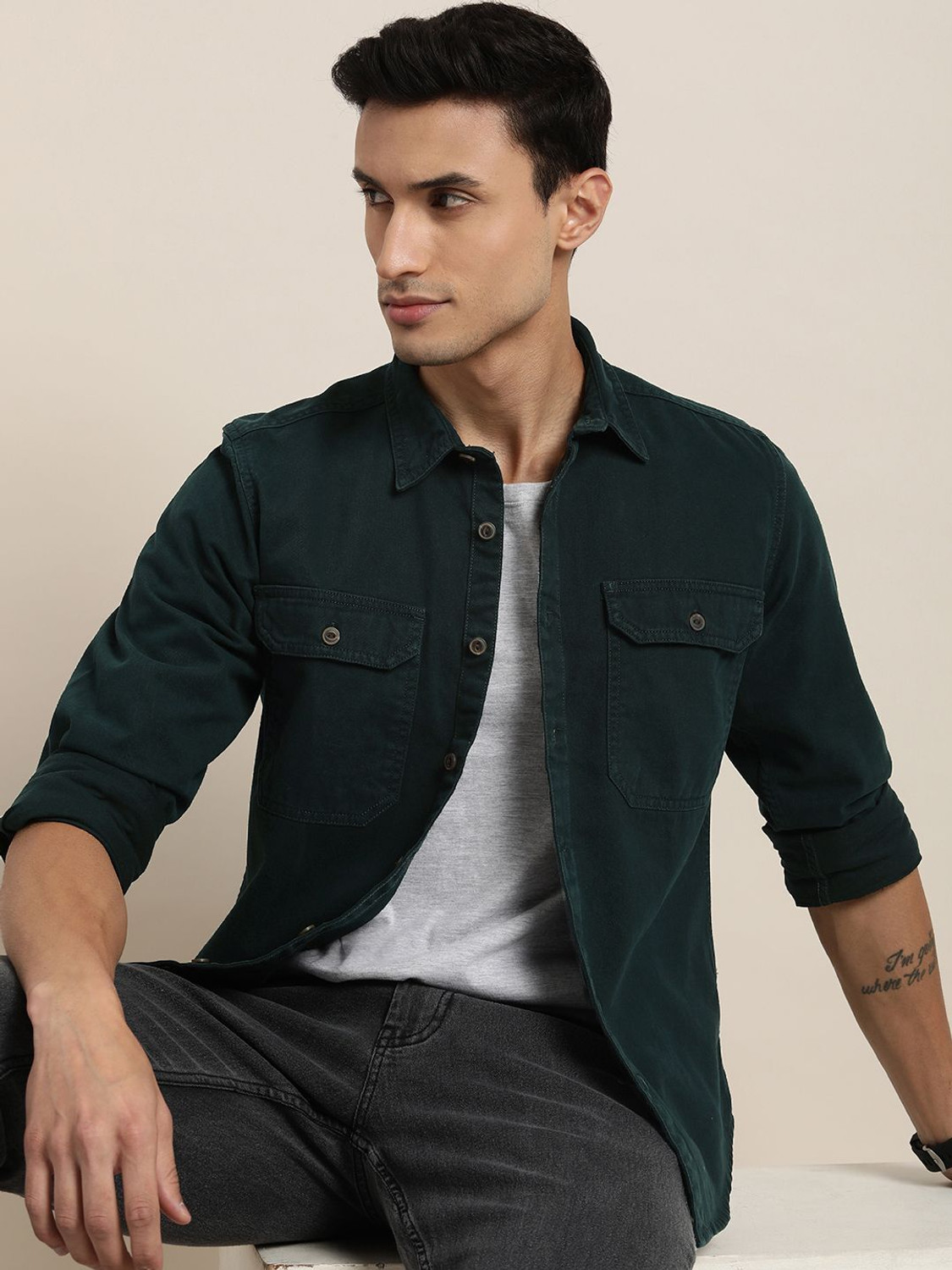 Image of Moda Rapido Men Solid Casual Dark Green Shirt