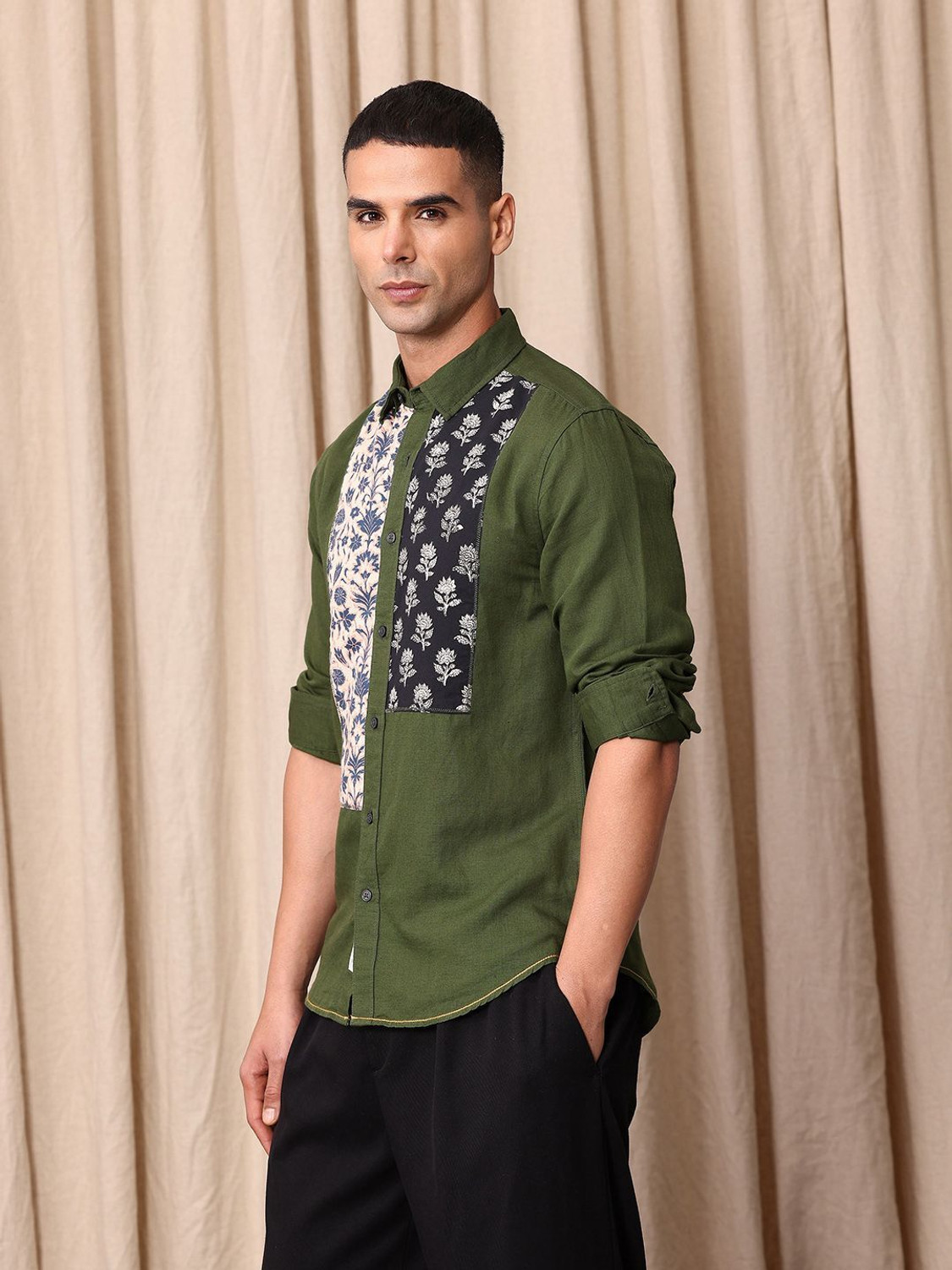Image of Mr Bowerbird Men Self Design Casual Green Shirt