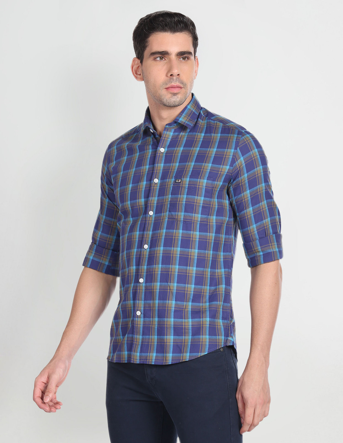 Image of Arrow Sport Men Checkered Casual Dark Blue, Light Blue, Beige Shirt