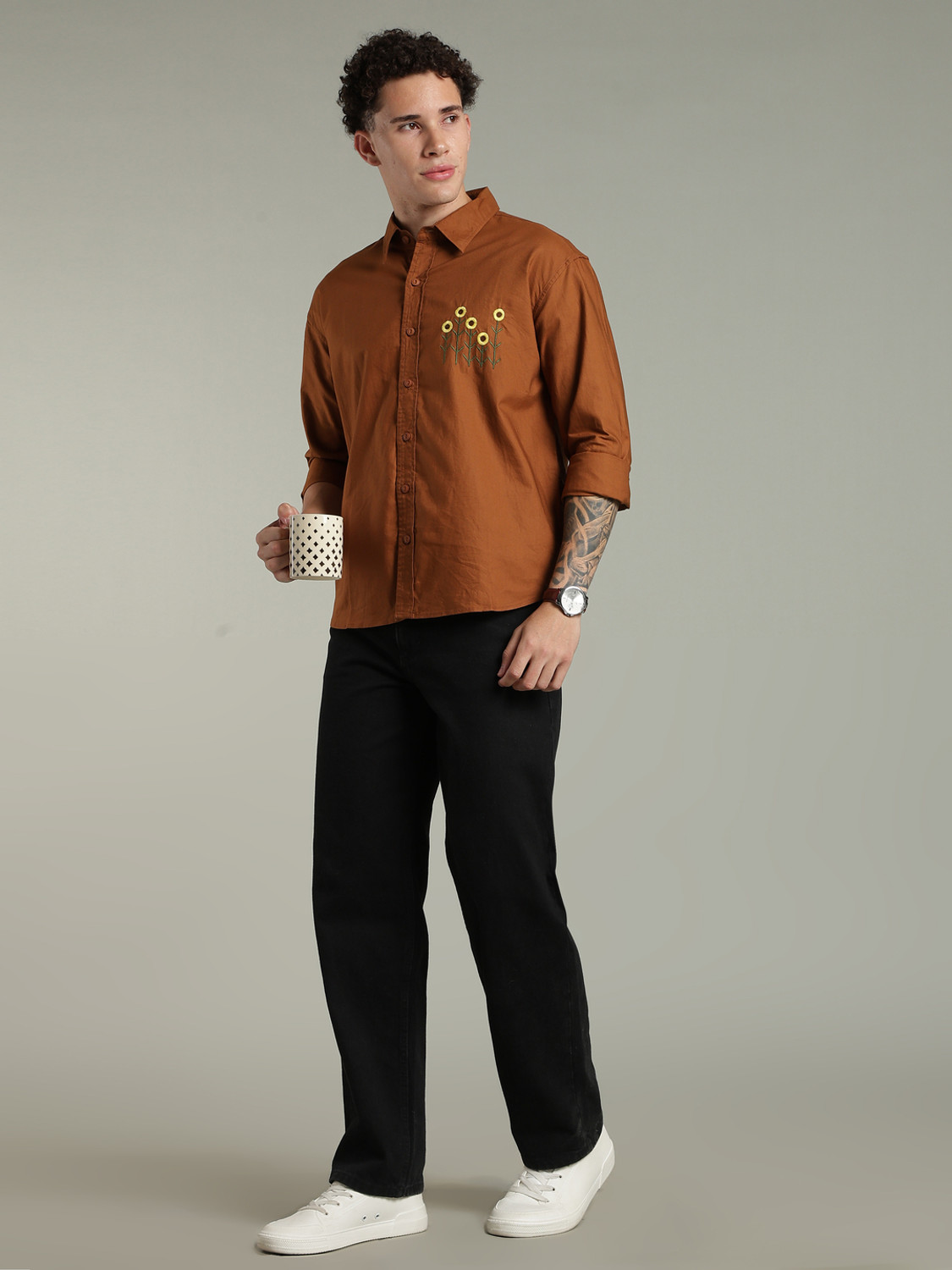 Image of FOUL CHILD Men Embroidered Casual Brown Shirt
