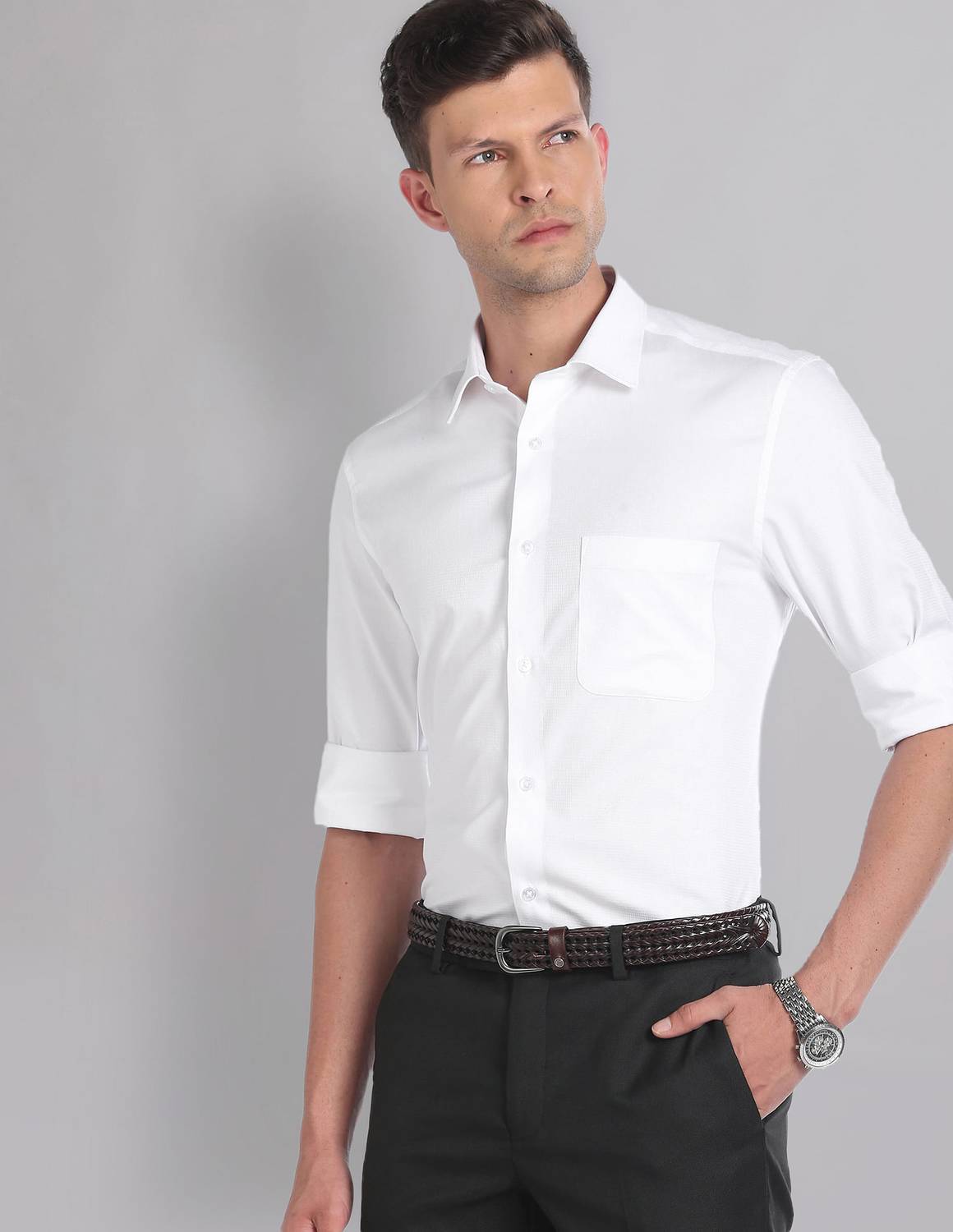 AD by Arvind Men Self Design Formal White Shirt