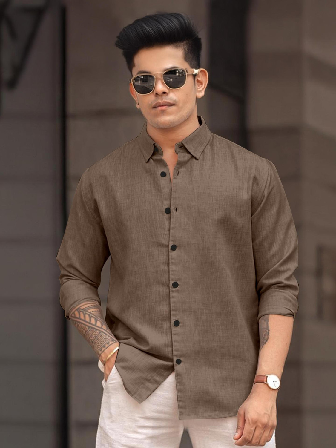 Image of ANKLAR Men Solid Casual Yellow Shirt