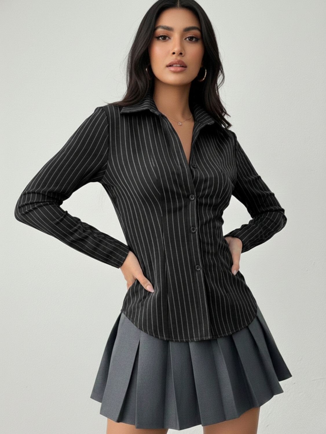 Image of Aahwan Women Striped Casual Black Shirt