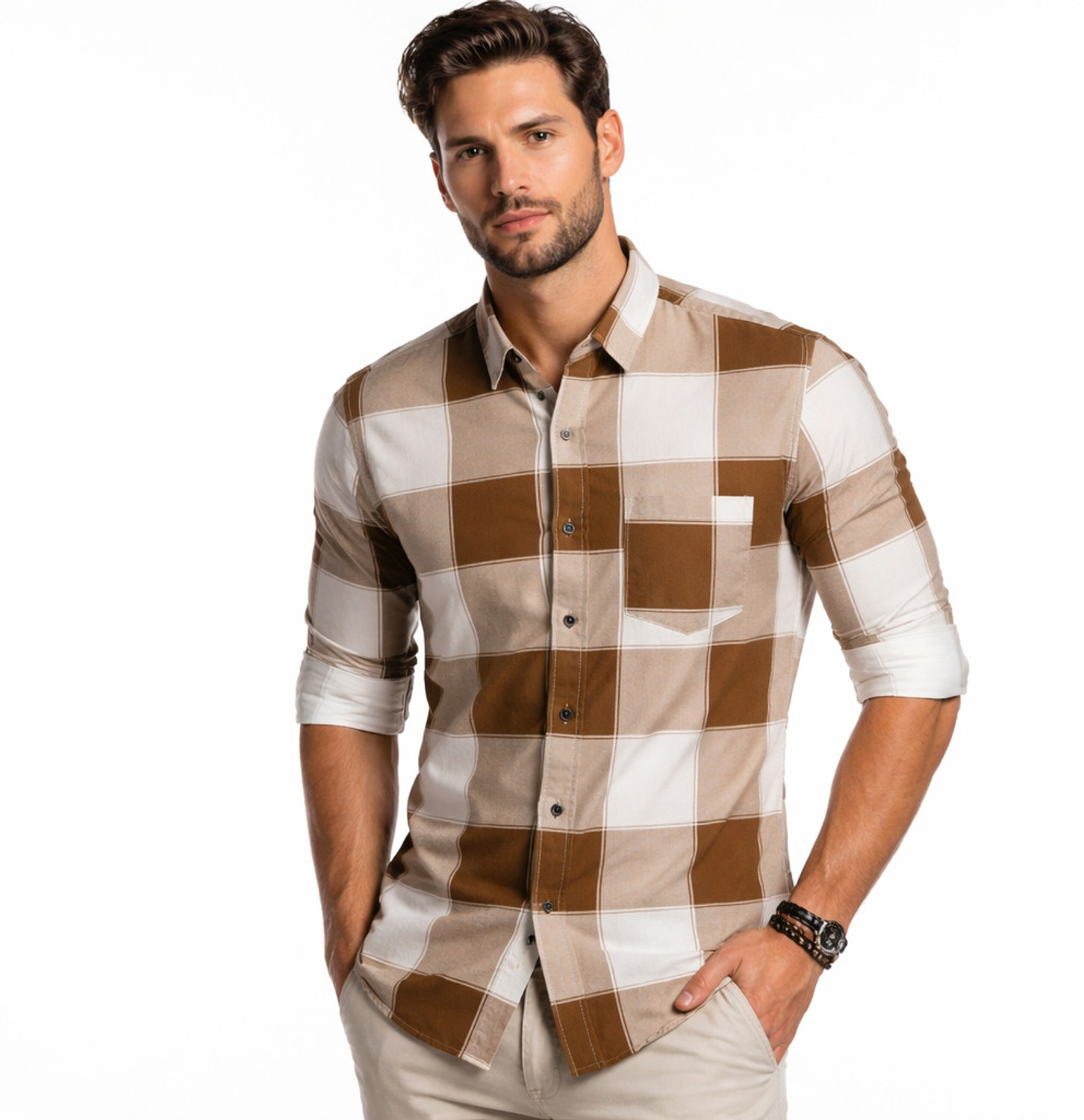 Image of DM FASHION Men Printed Casual Brown Shirt
