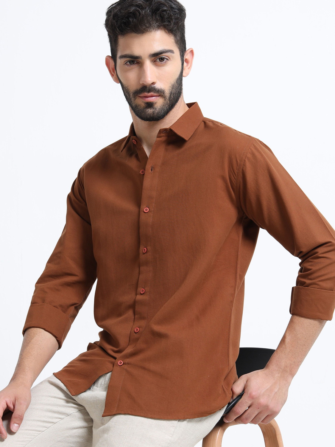 Image of METRONAUT Men Solid Casual Brown Shirt