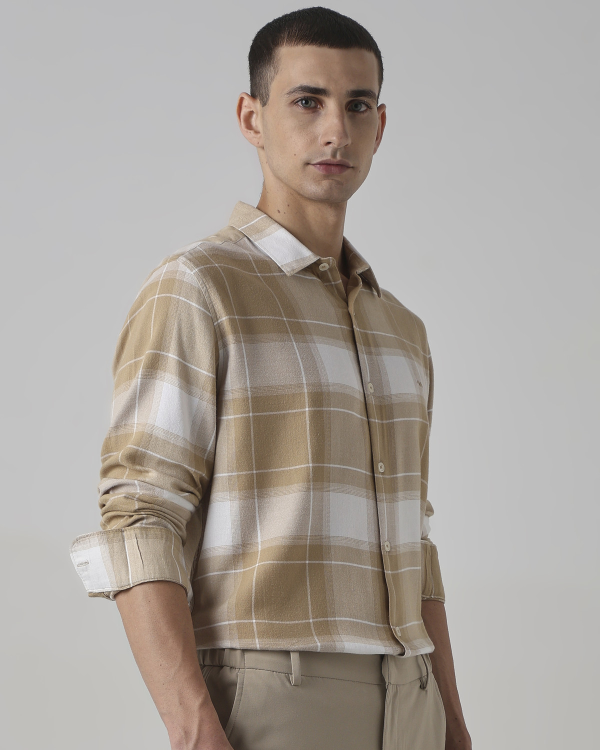 Image of MUFTI Men Checkered Casual Beige Shirt