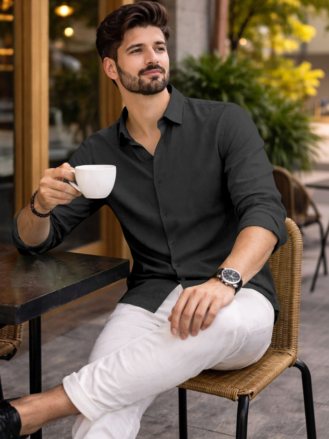 Image of Mameru Men Regular Fit Solid Cut Away Collar Casual Shirt