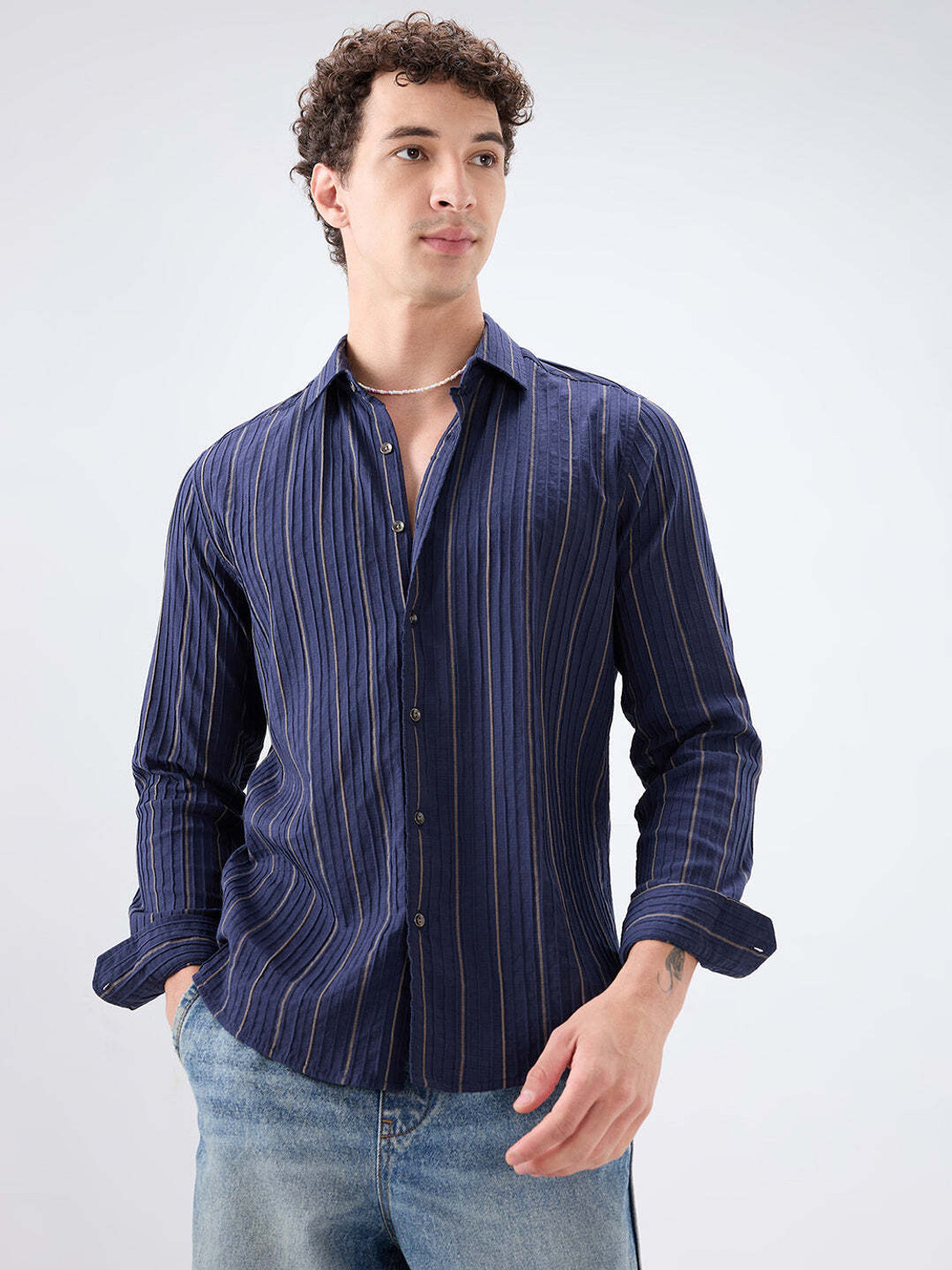 Image of VASTRADO Men Striped Casual Dark Blue Shirt