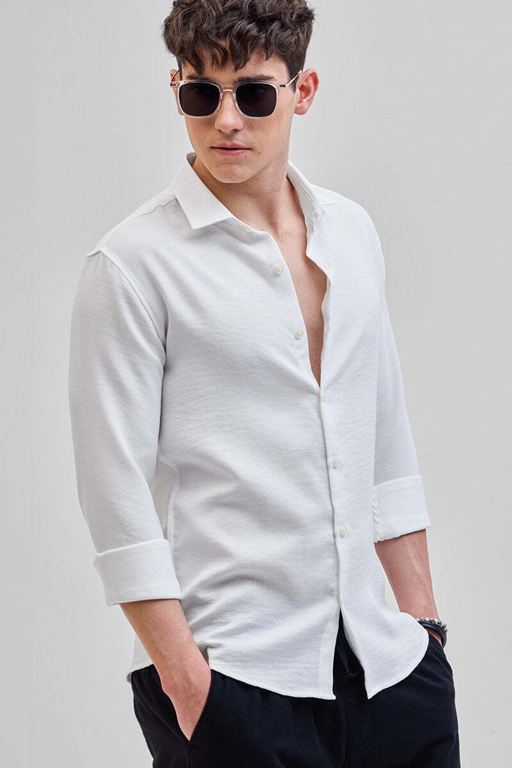 Image of Snitch Men Solid Casual White Shirt