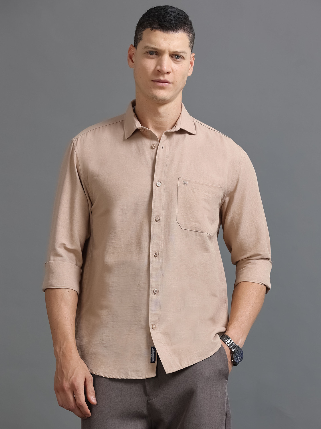 Image of Tom Mackler Men Solid Casual Beige Shirt