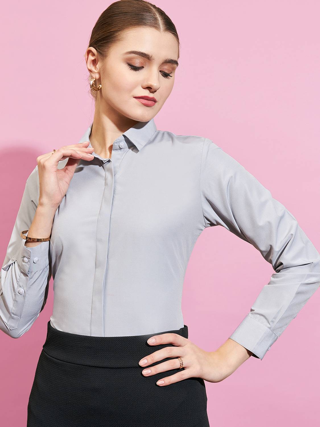 ASCIIBLUES Women Solid Formal Grey Shirt