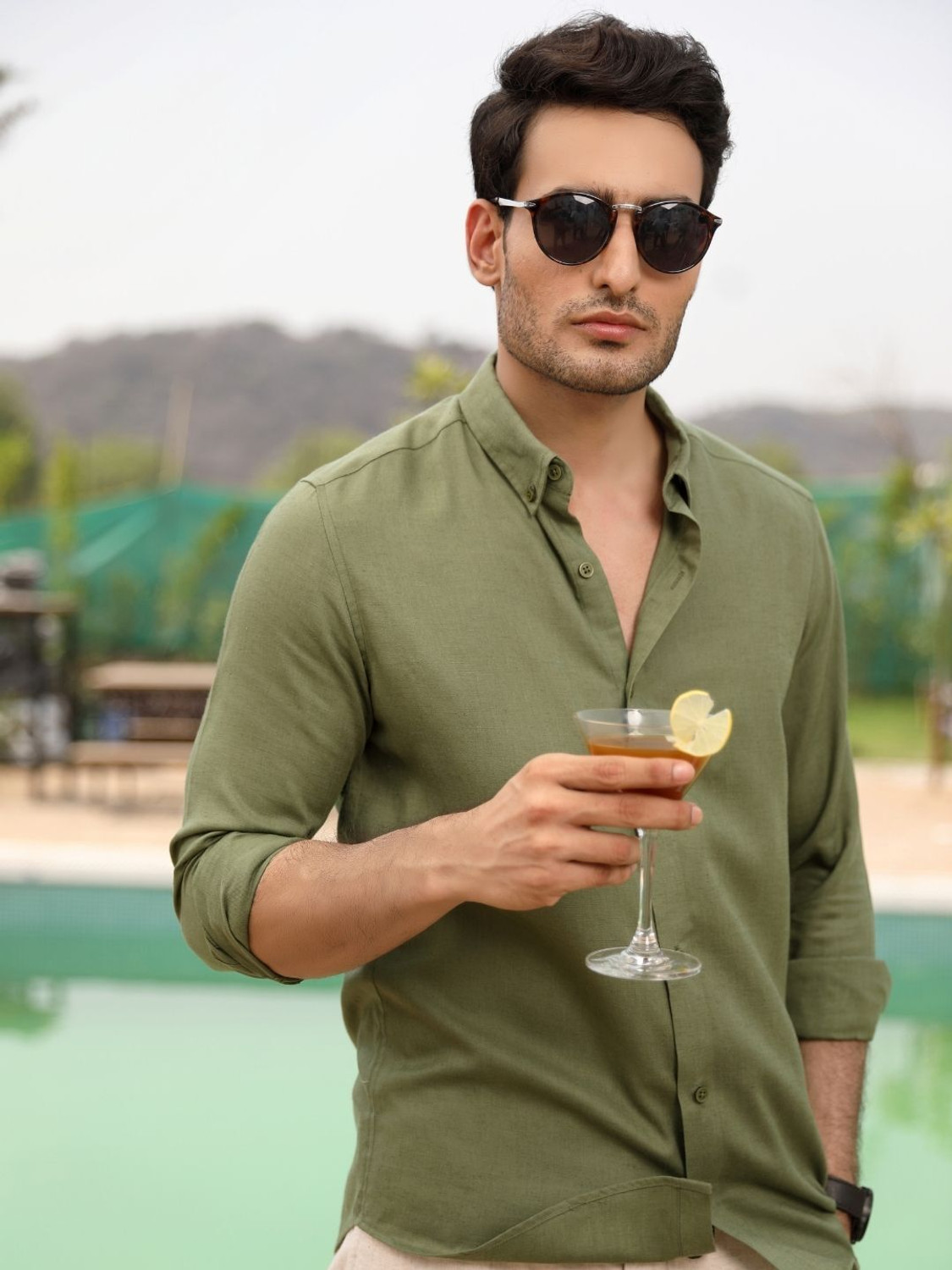 PERCH Men Solid Casual Green Shirt