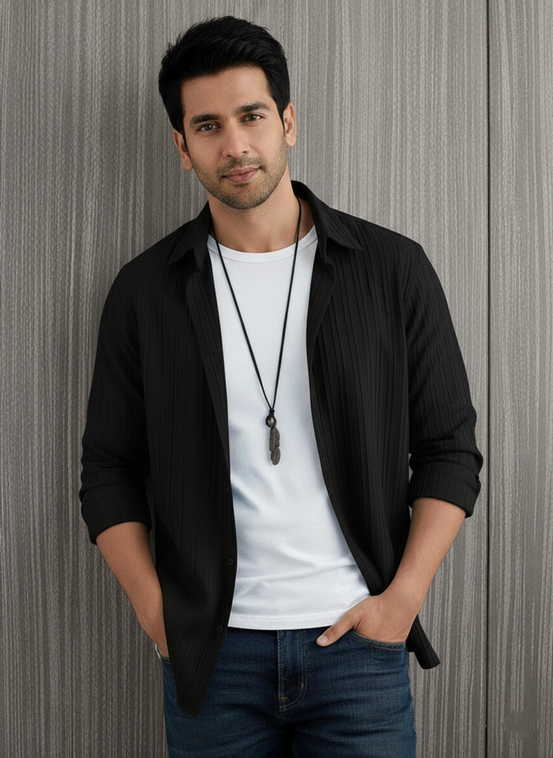 Image of Kachhot Men Self Design Casual Black Shirt