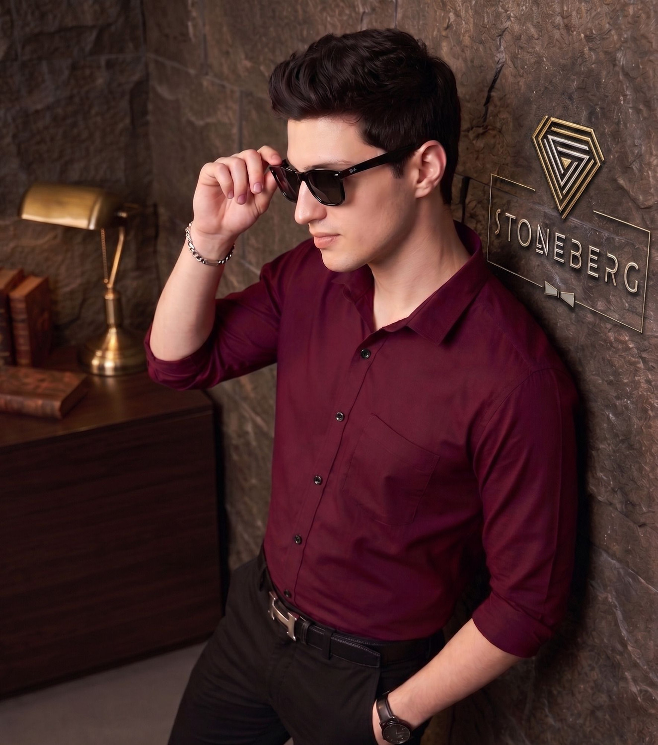Image of STONEBERG Men Solid Formal Maroon Shirt