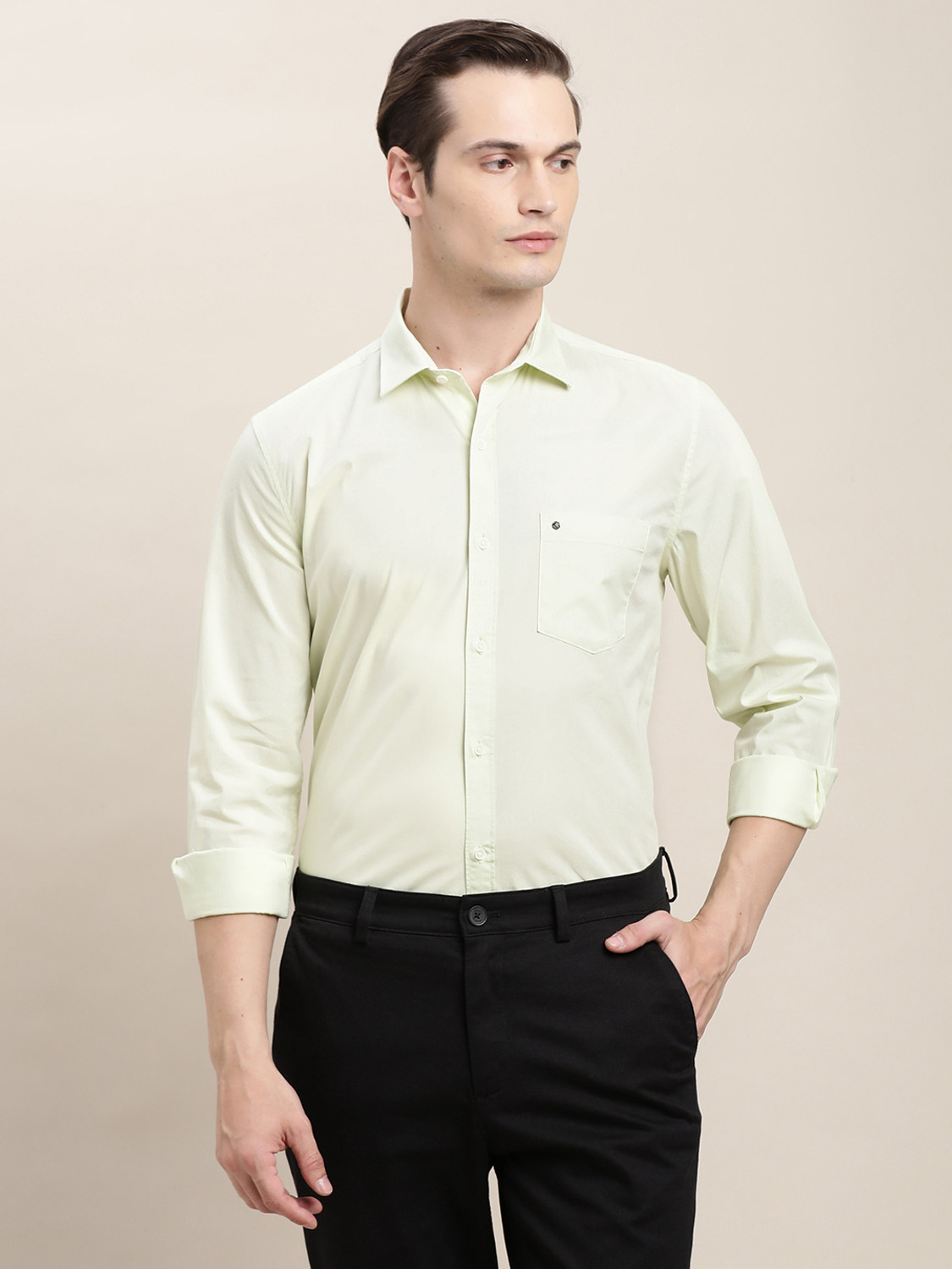Image of TURTLE Men Solid Casual Beige Shirt