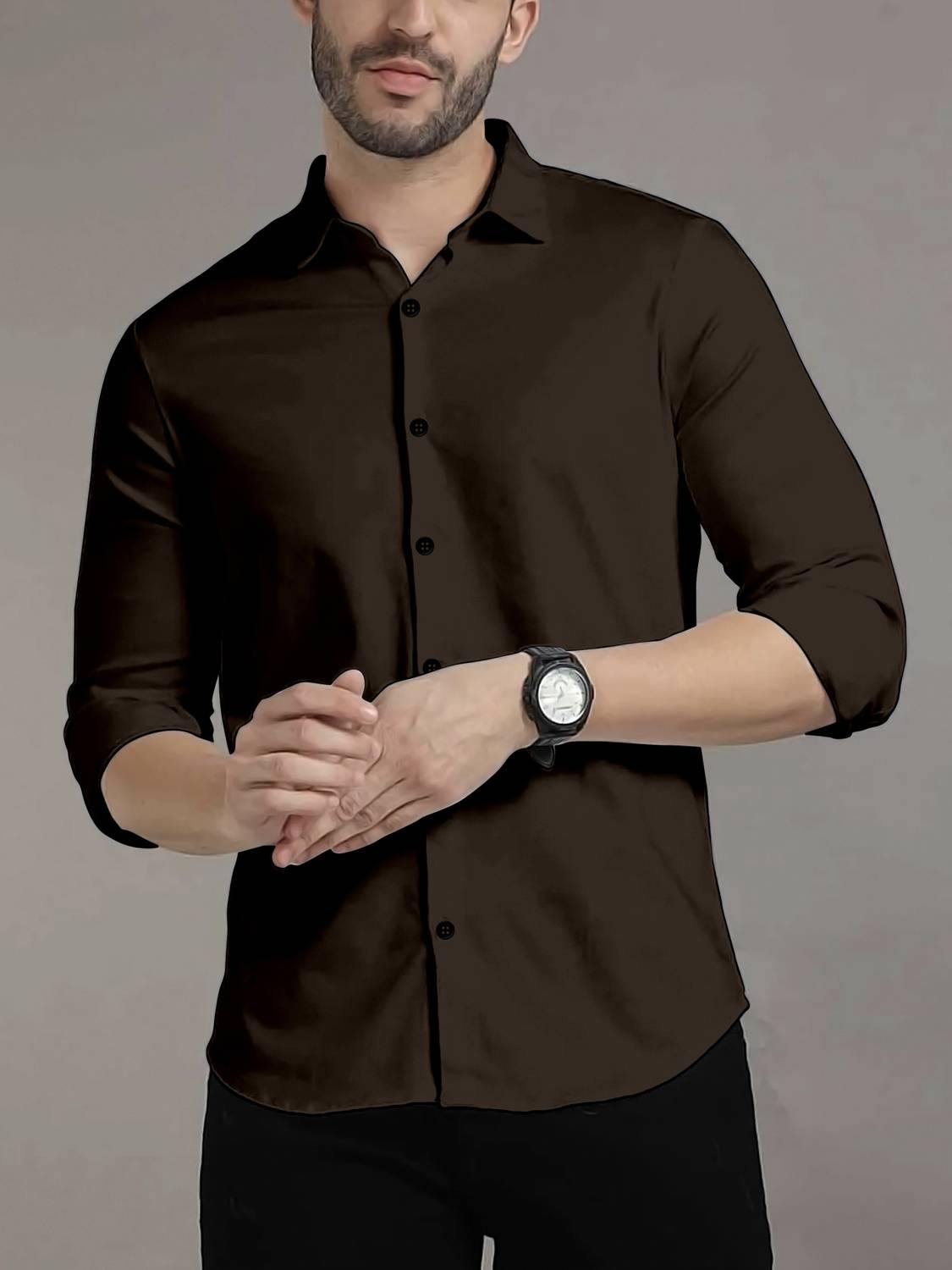 brown dress shirt with black pants Men's Slim Fit Solid Color Dress Shirt (Brown) Brown / X-Large/17-17.5 Neck/32-33 Sleeve